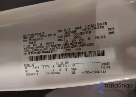 2019 Ford F-150 Xlt из США, поврежденный, VIN 1FTEW1E43KKE62257